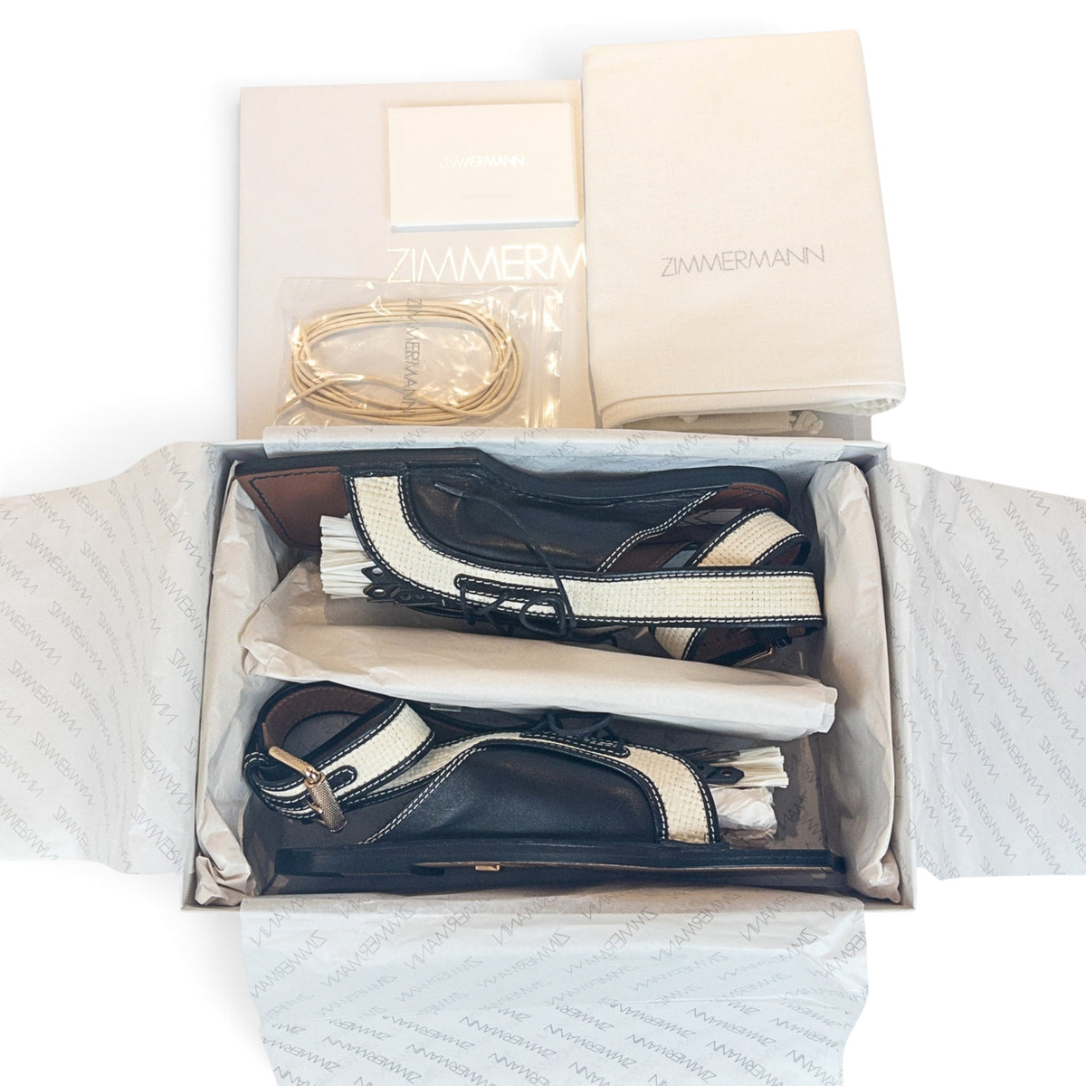 Zimmermann Leather & Faux Raffia Flat Sandals Black White Size EU39