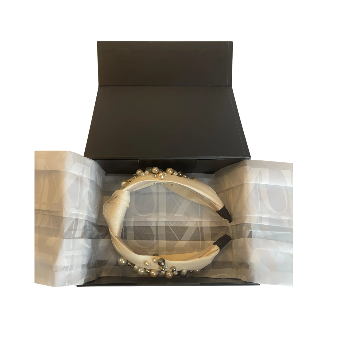 Gregory Ladner Pearl Embellished Satin Knot Headband Cream Pre-loved