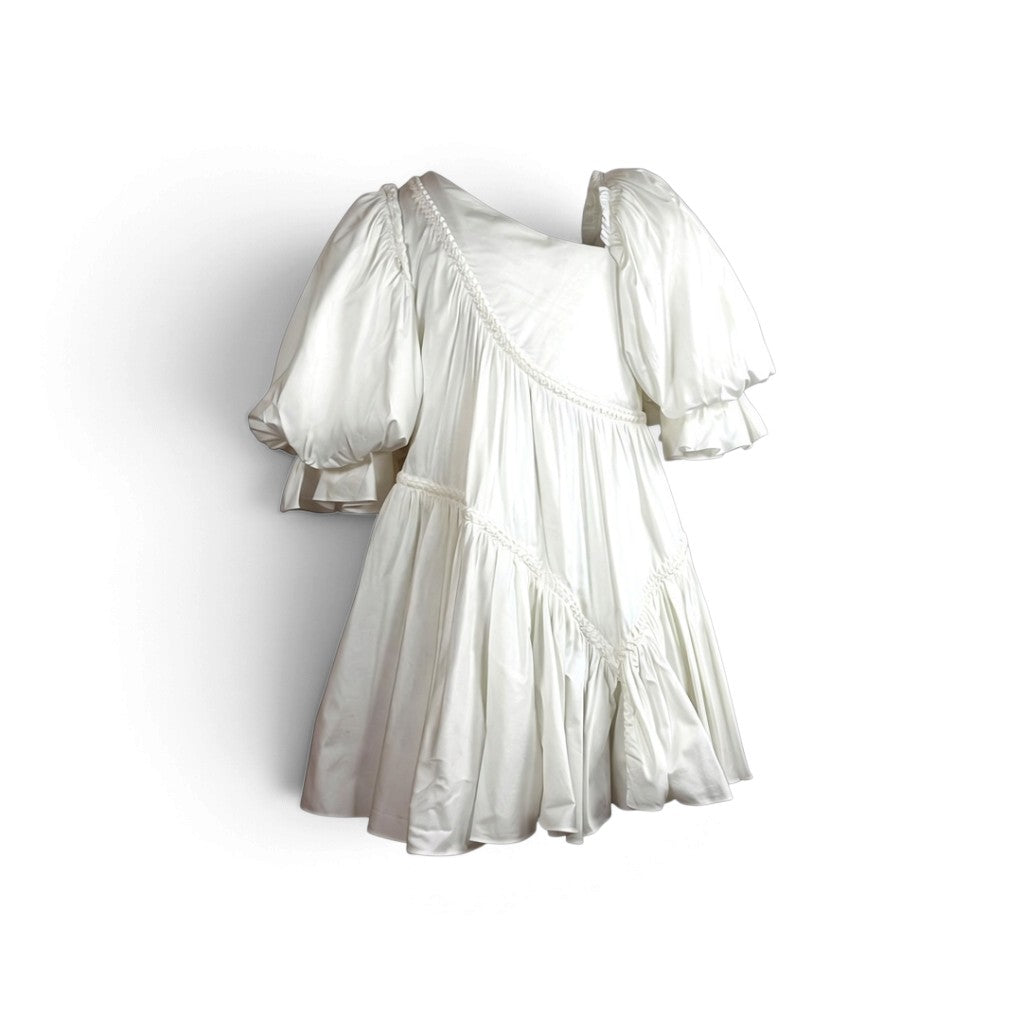 Aje Casabianca Braided Asymmetric Puff Sleeve Mini Dress Ivory Size AU6 Pre-Loved