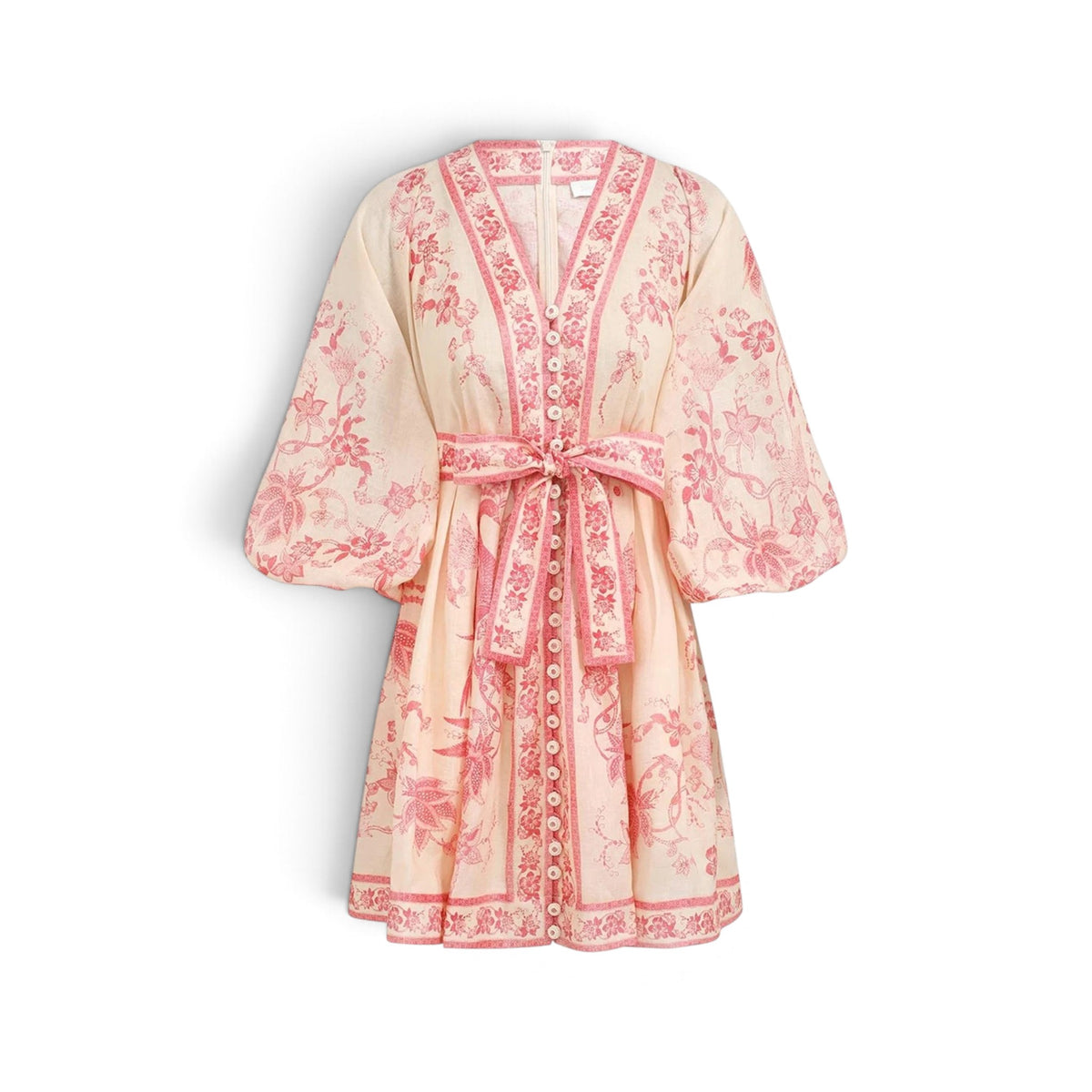 Zimmermann Lucky Plunge Mini Dress Cream Pink Floral Size 3 Pre-Loved