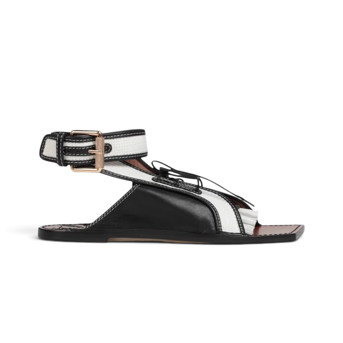 Zimmermann Leather & Faux Raffia Flat Sandals Black White Size EU39