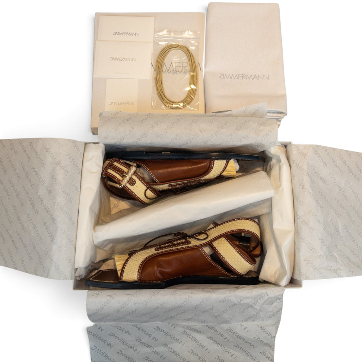 Zimmermann Leather & Faux Raffia Flat Sandals Tan Size EU37
