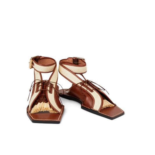 Zimmermann Leather & Faux Raffia Flat Sandals Tan Size EU37