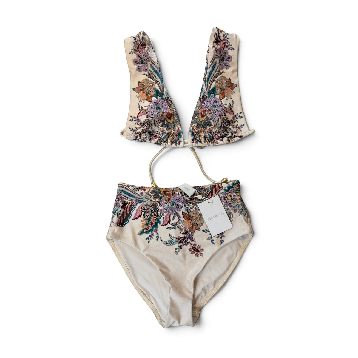 Zimmermann Rhiannon Wide Shoulder Bikini Set Cream Multi Paisley Size 0