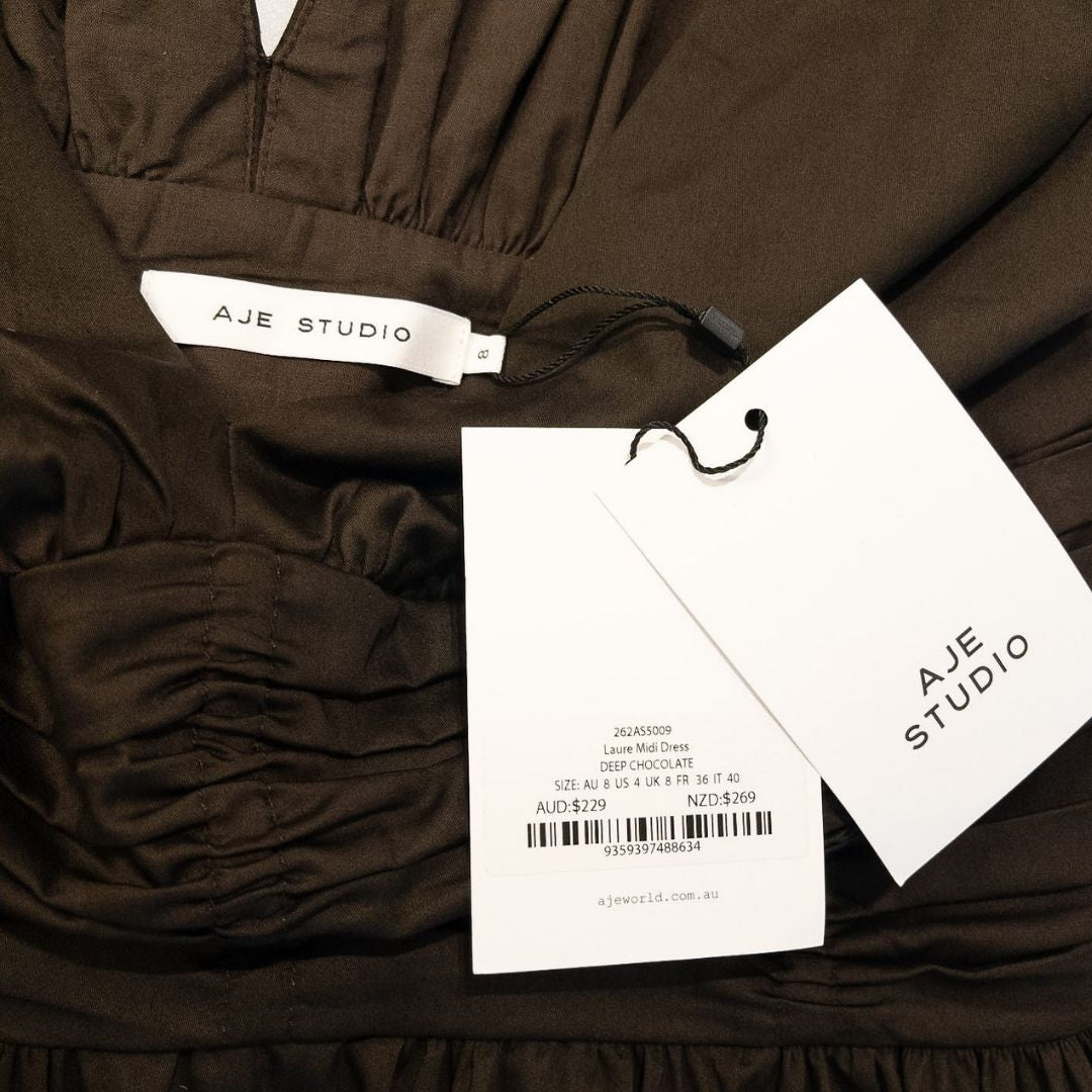 Aje Studio Laure Midi Dress Deep Chocolate Size AU8