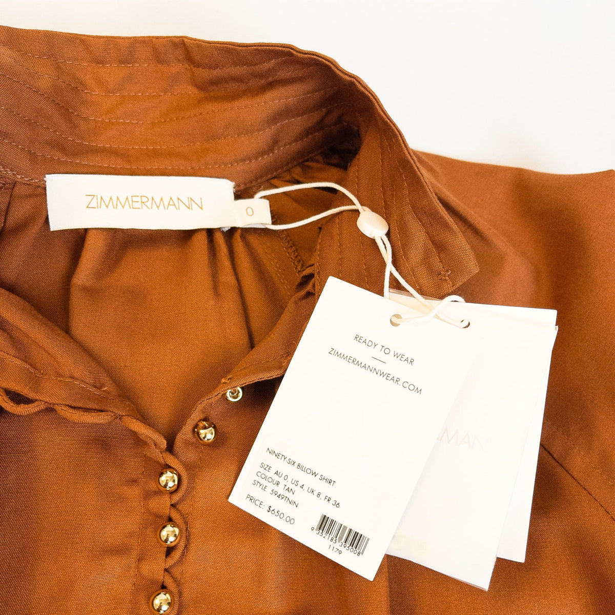 Zimmermann Ninety-Six Billow Shirt Tan Size 0