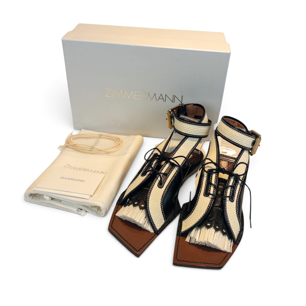 Zimmermann Leather & Faux Raffia Flat Sandals Black White Size EU39
