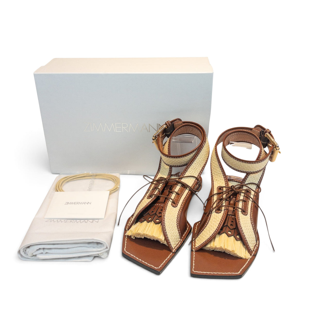 Zimmermann Leather & Faux Raffia Flat Sandals Tan Size EU37