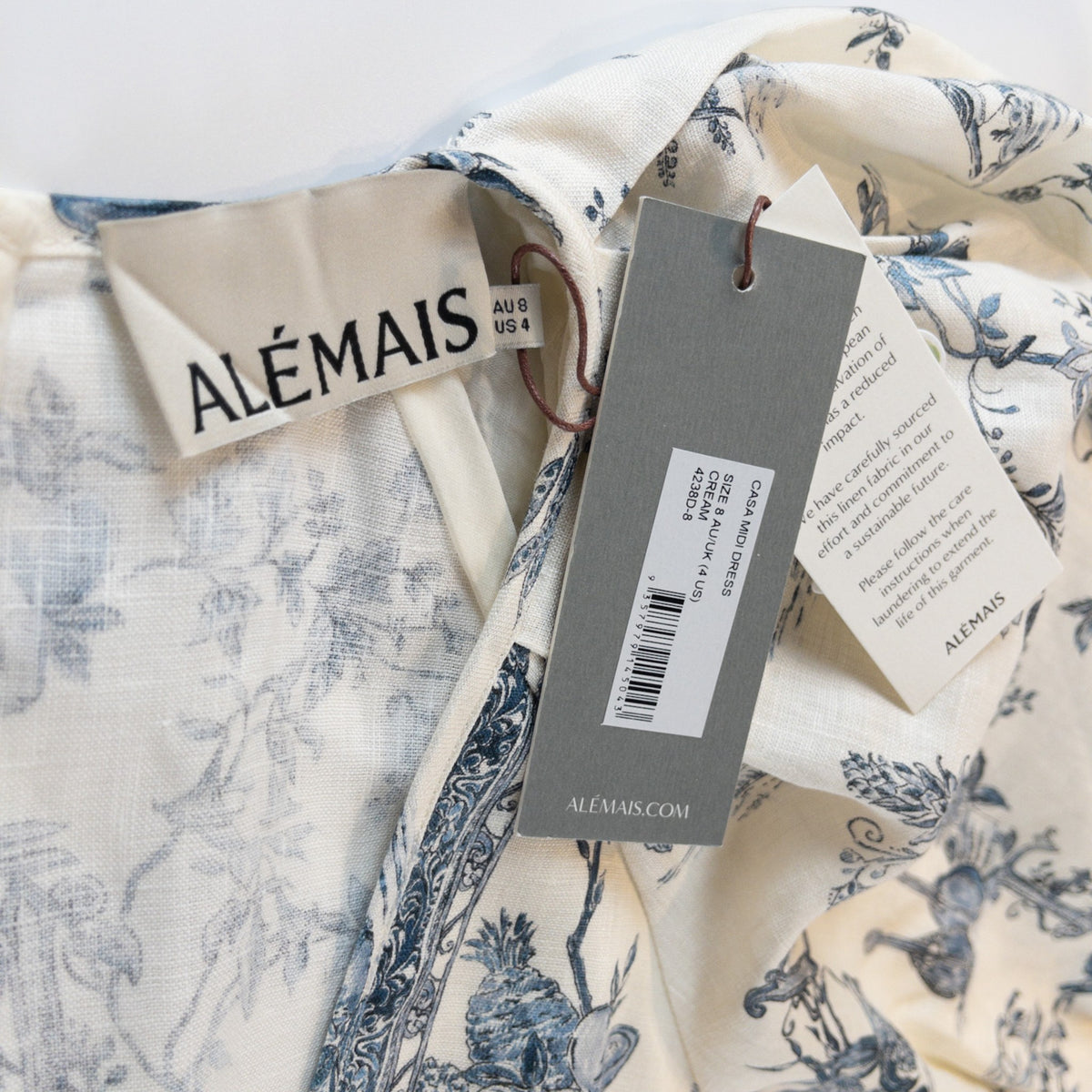 Alémais Casa Midi Dress Color Neutrals and Blue Print Size AU8