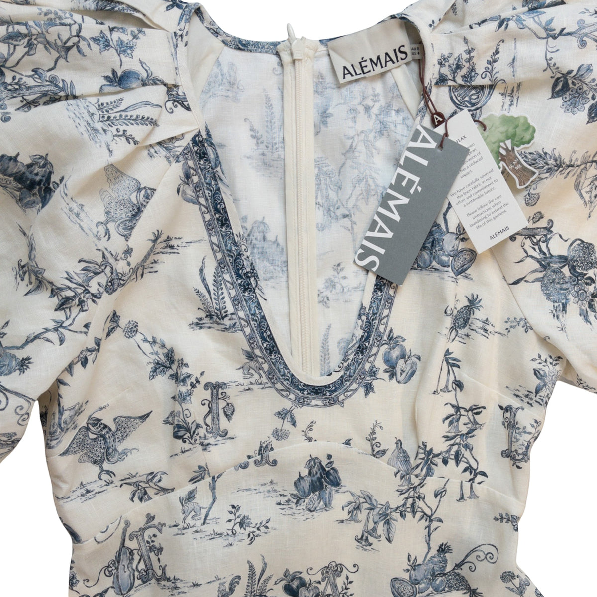 Alémais Casa Midi Dress Color Neutrals and Blue Print Size AU8