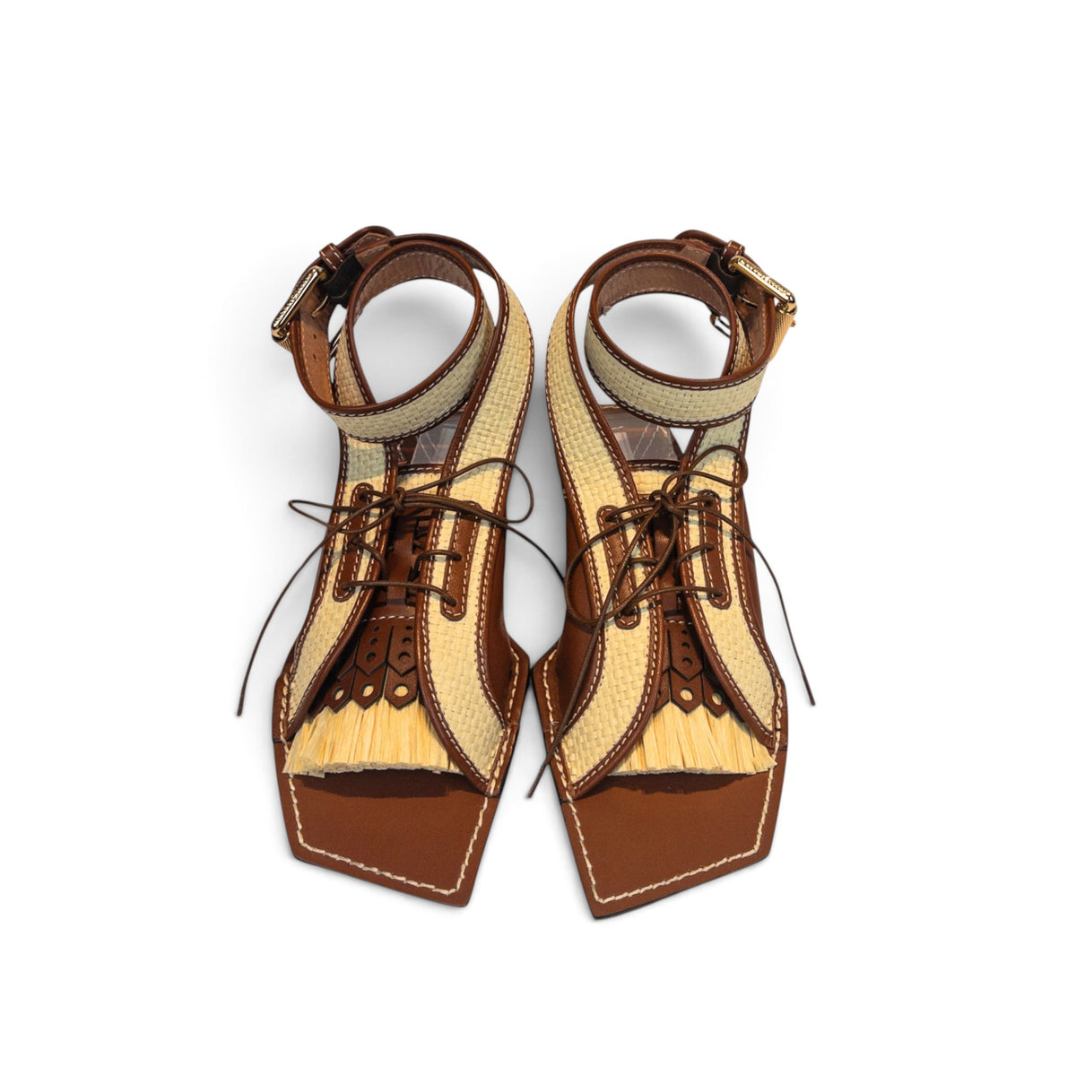 Zimmermann Leather & Faux Raffia Flat Sandals Tan Size EU37