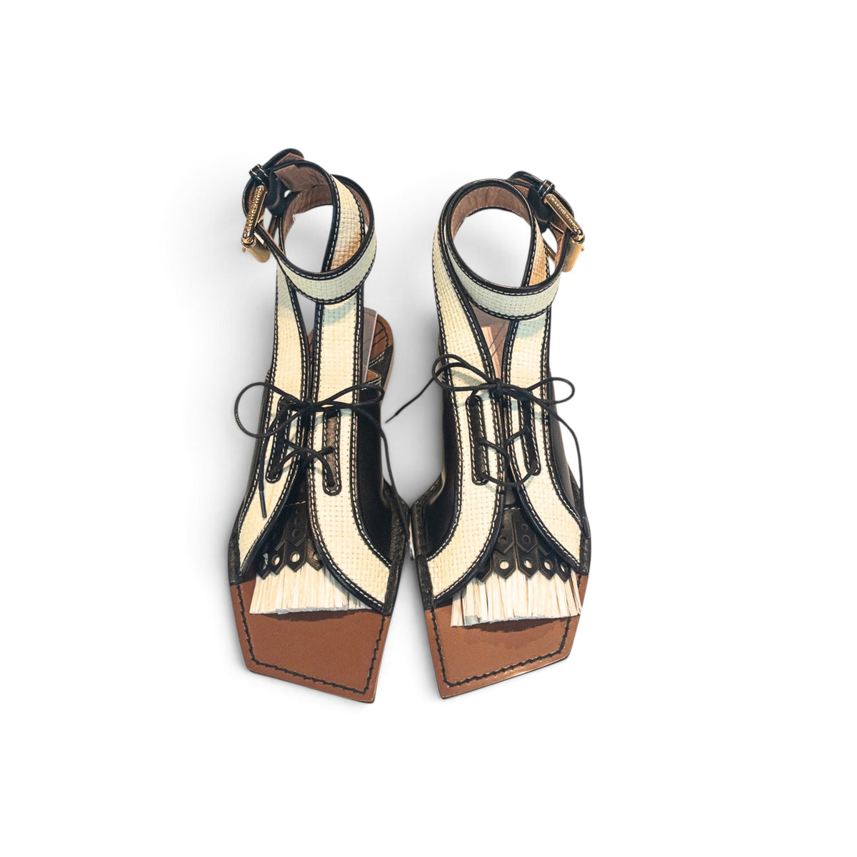 Zimmermann Leather & Faux Raffia Flat Sandals Black White Size EU39