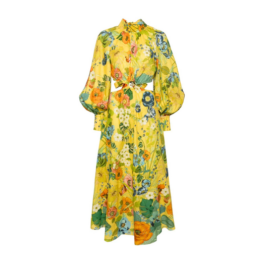Alémais Cresida Cutout Midi Dress Yellow Floral Print Size AU8