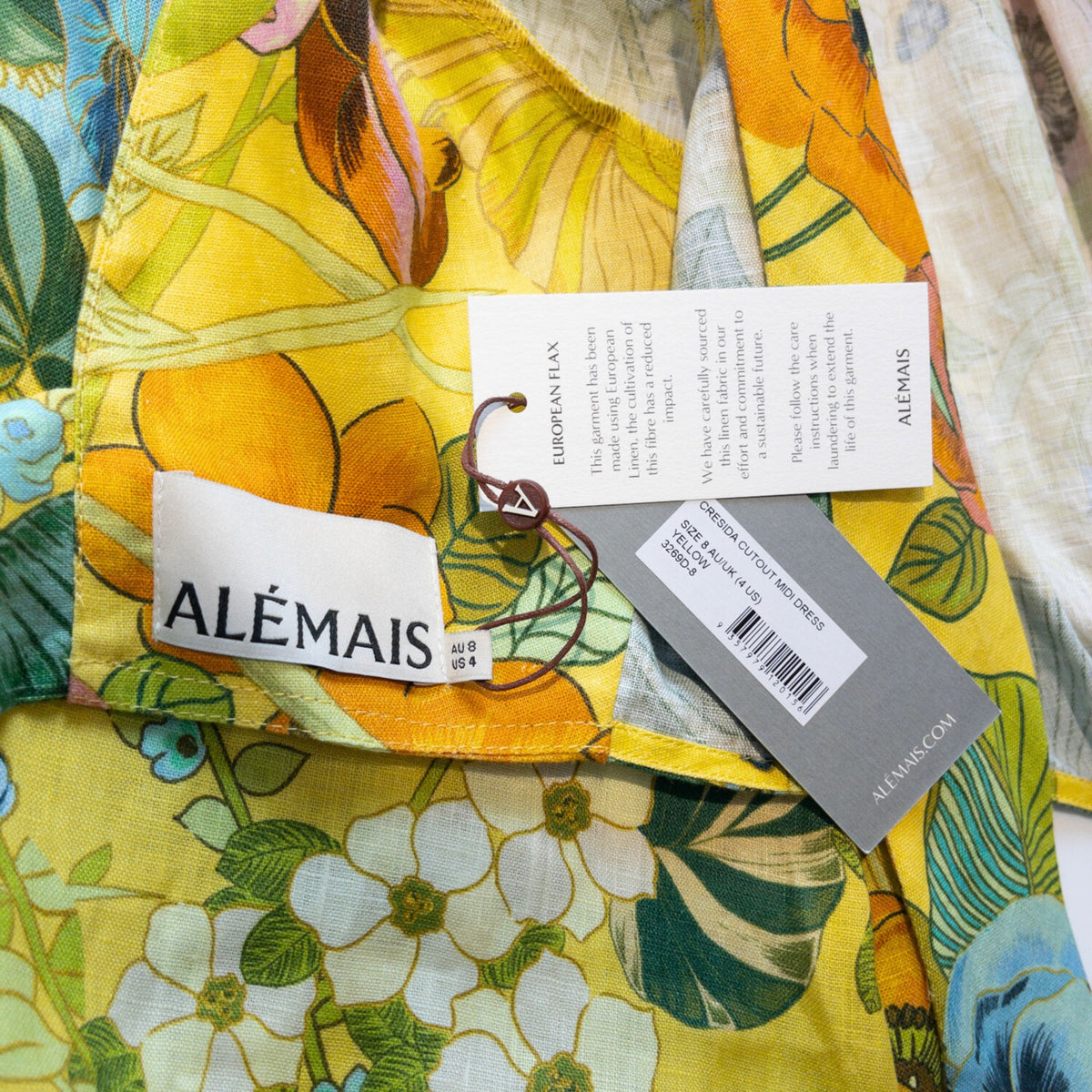 Alémais Cresida Cutout Midi Dress Yellow Floral Print Size AU8