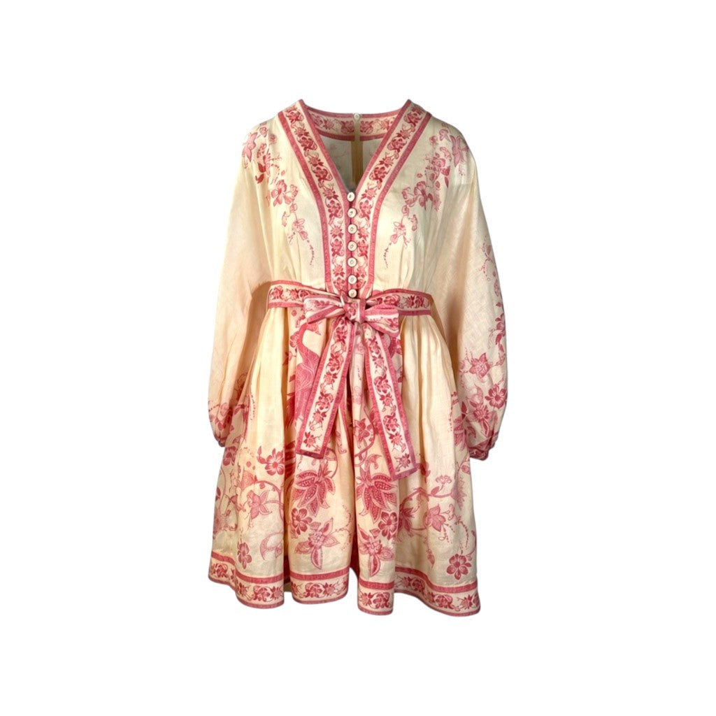 Zimmermann Lucky Plunge Mini Dress Cream Pink Floral Size 3 Pre-Loved