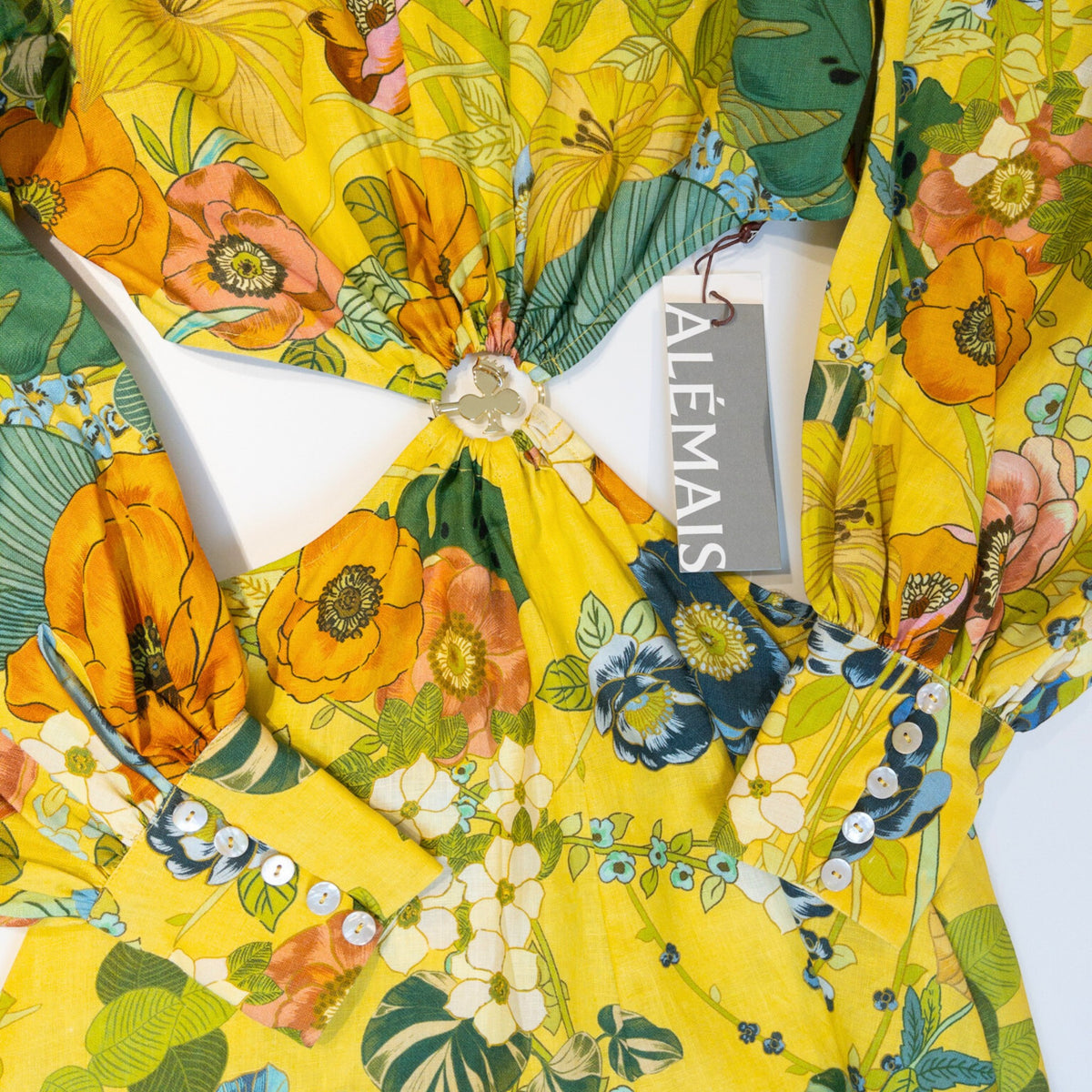Alémais Cresida Cutout Midi Dress Yellow Floral Print Size AU8