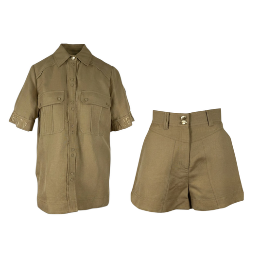 Aje Linen Blend Shirt & Tailored Shorts Set Khaki AU8 Pre-loved