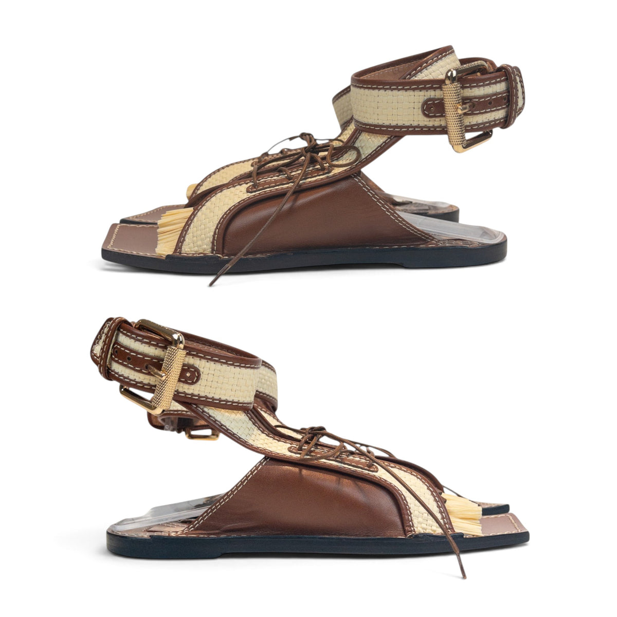 Zimmermann Leather & Faux Raffia Flat Sandals Tan Size EU37