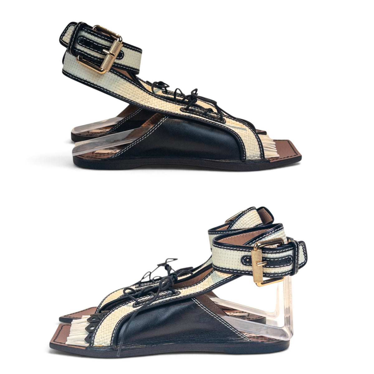 Zimmermann Leather & Faux Raffia Flat Sandals Black White Size EU39