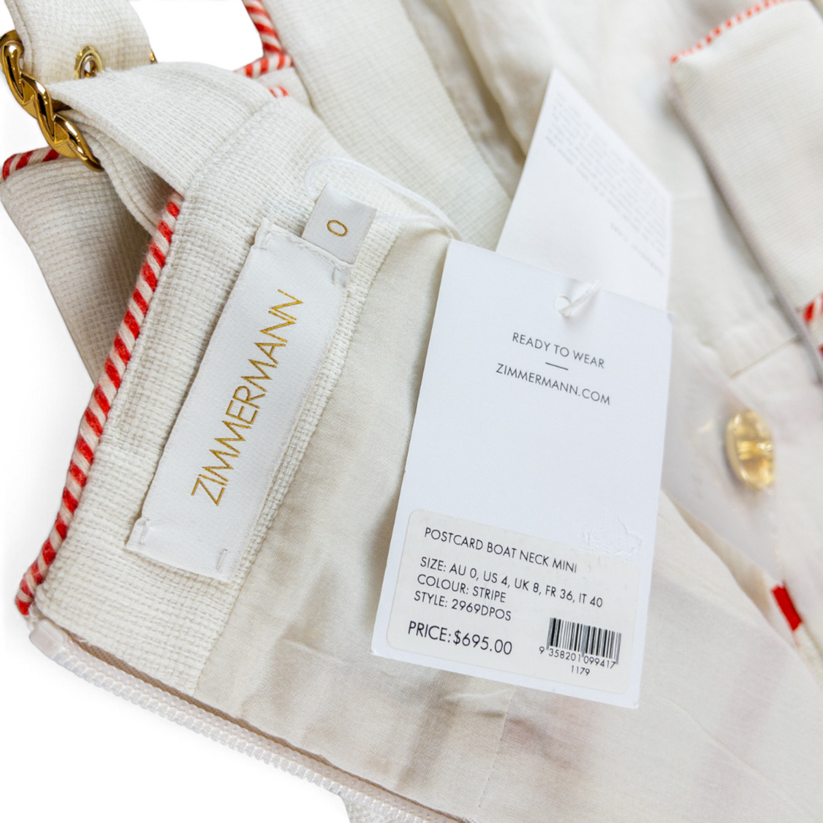 Zimmermann Postcard Boat Neck Mini Dress Red White Stripe Size 0
