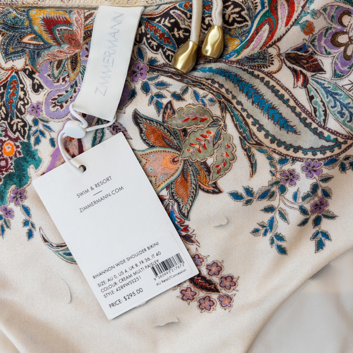 Zimmermann Rhiannon Wide Shoulder Bikini Set Cream Multi Paisley Size 0