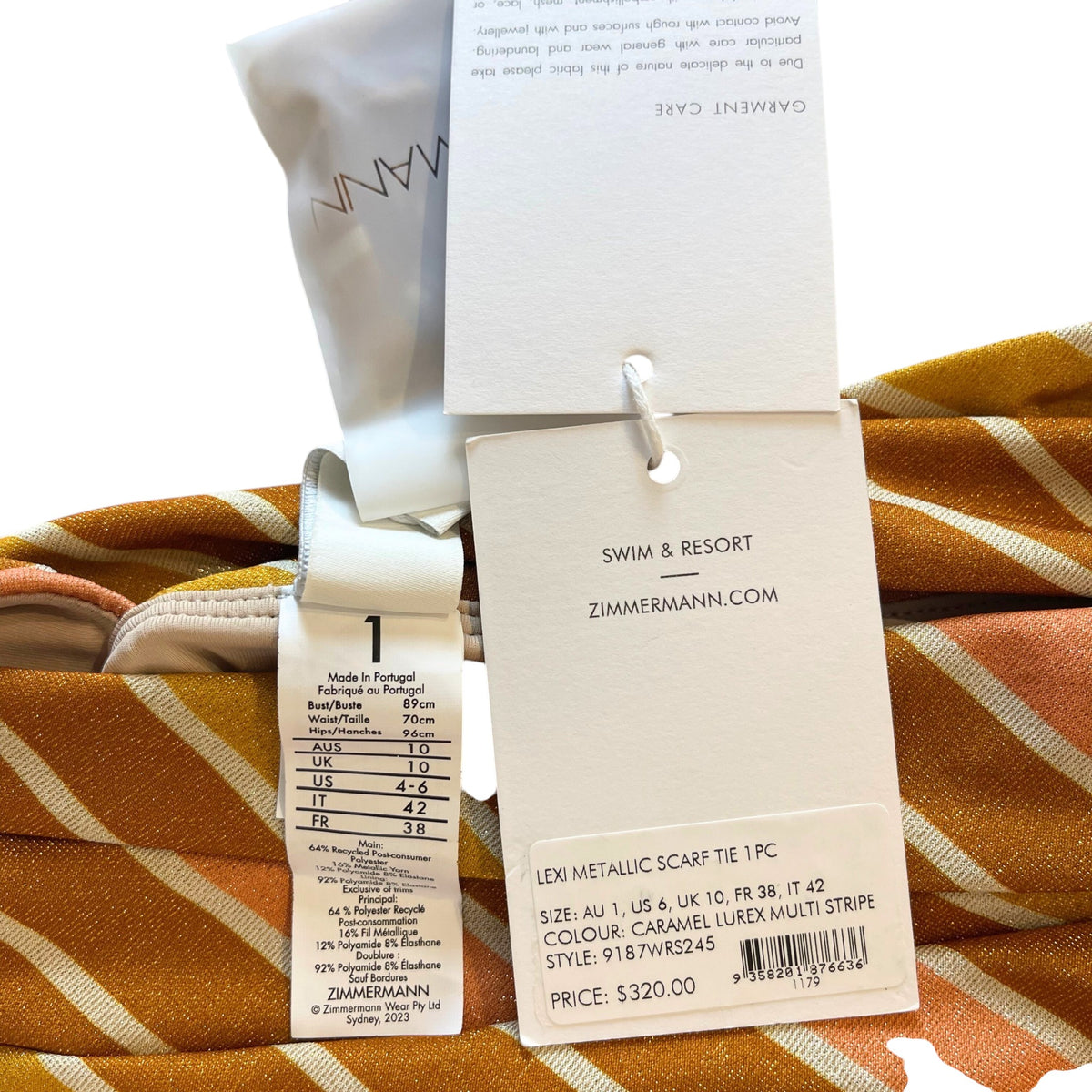 Zimmermann Lexi Metallic Scarf-Tie One Piece Caramel Lurex Multi Stripe Size 1