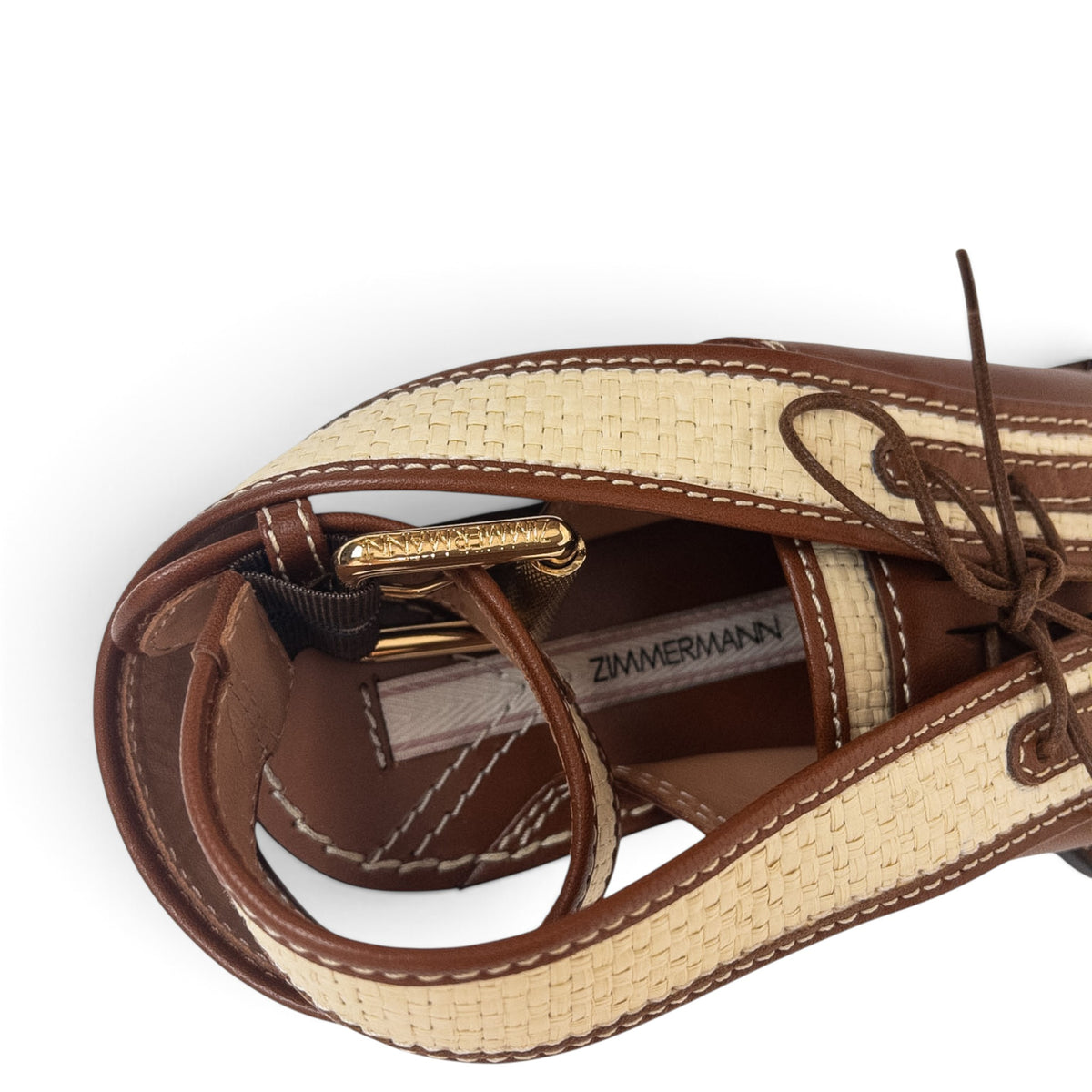 Zimmermann Leather & Faux Raffia Flat Sandals Tan Size EU37