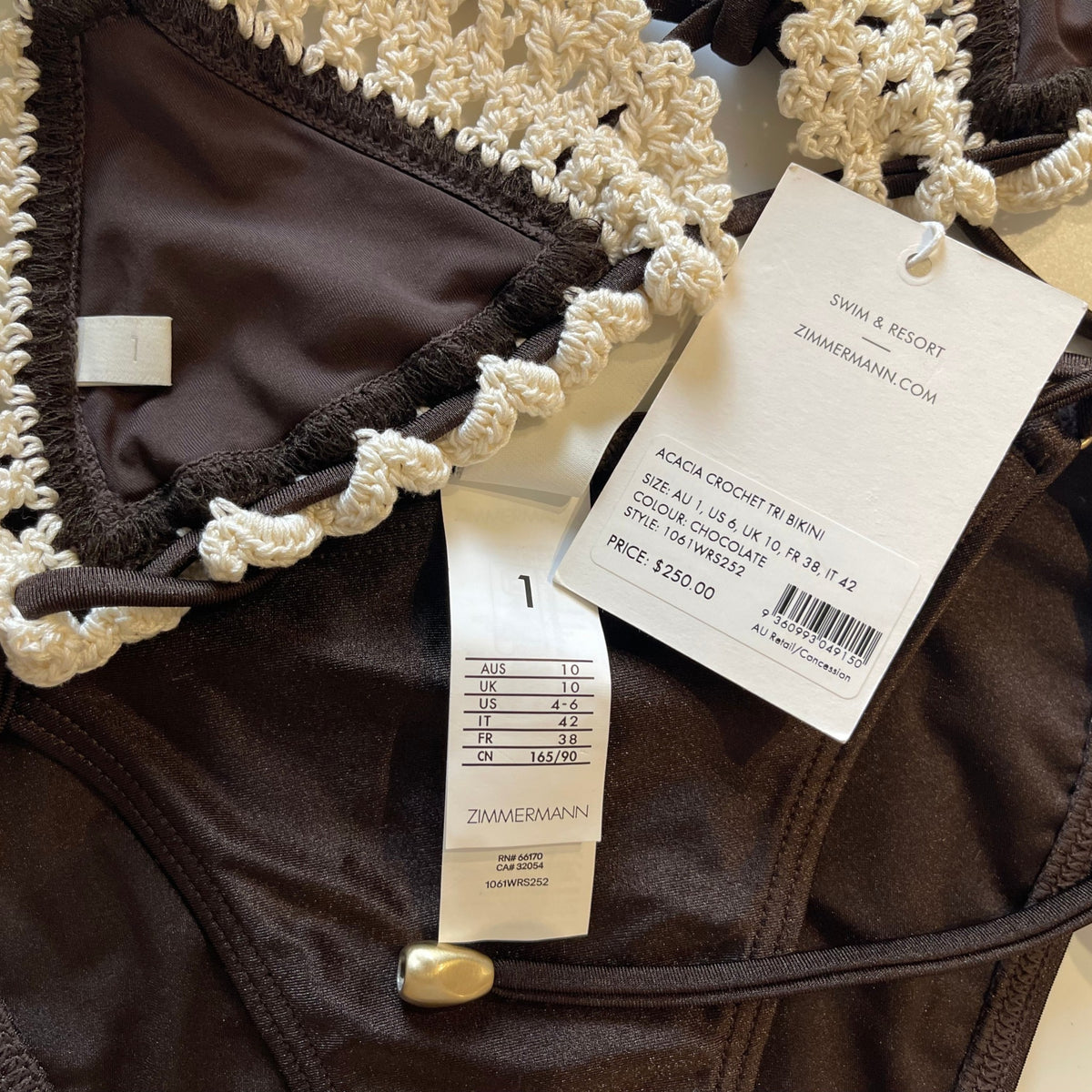 Zimmermann Acacia Crochet Tri Bikini Chocolate Size 1