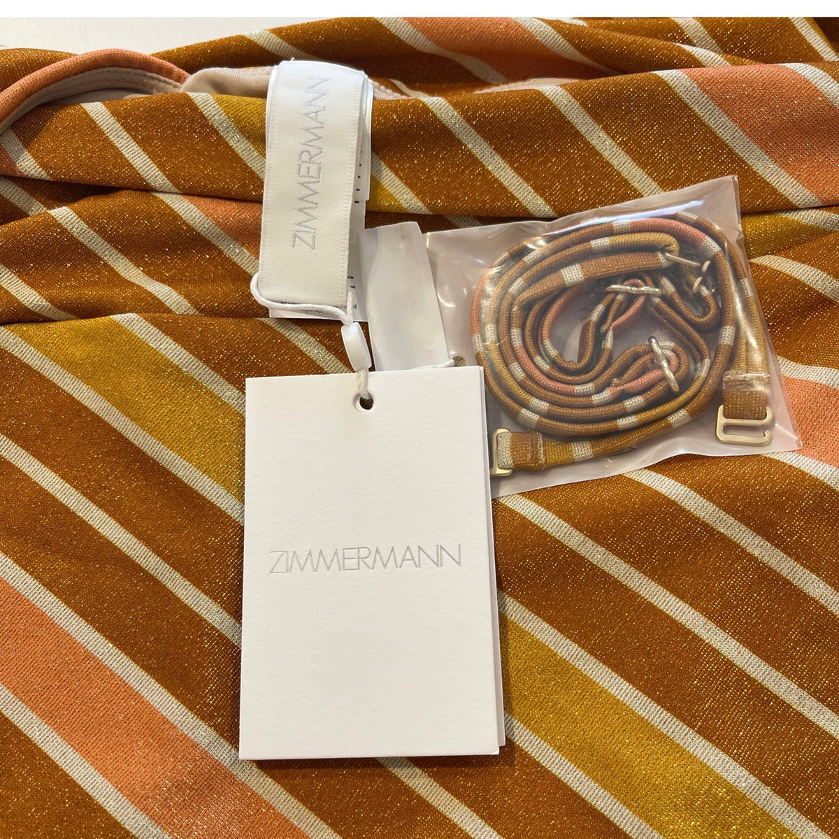 Zimmermann Lexi Metallic Scarf-Tie One Piece Caramel Lurex Multi Stripe Size 1