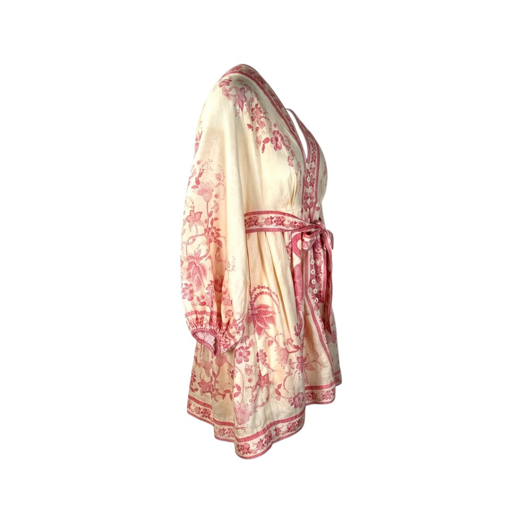 Zimmermann Lucky Plunge Mini Dress Cream Pink Floral Size 3 Pre-Loved