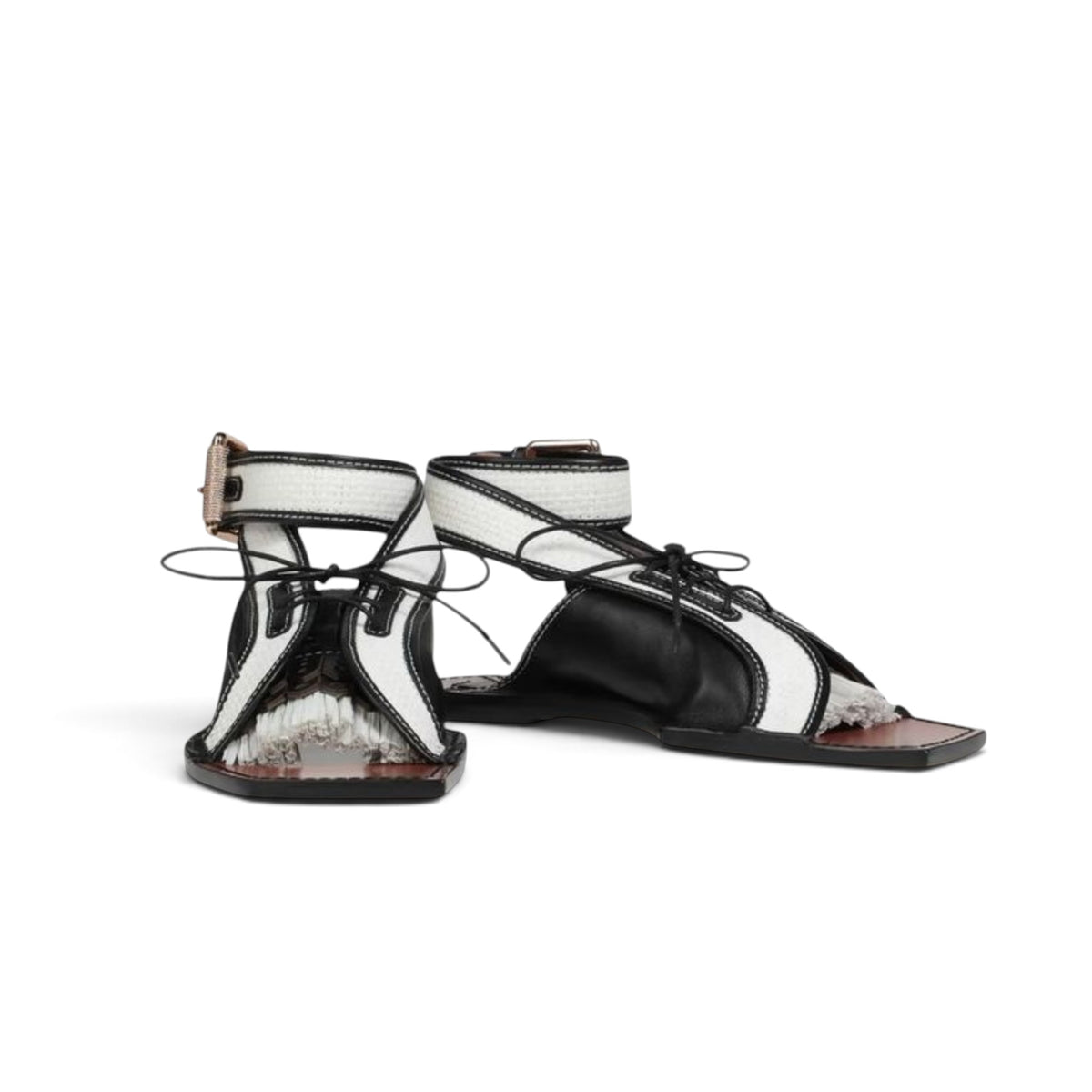 Zimmermann Leather & Faux Raffia Flat Sandals Black White Size EU39