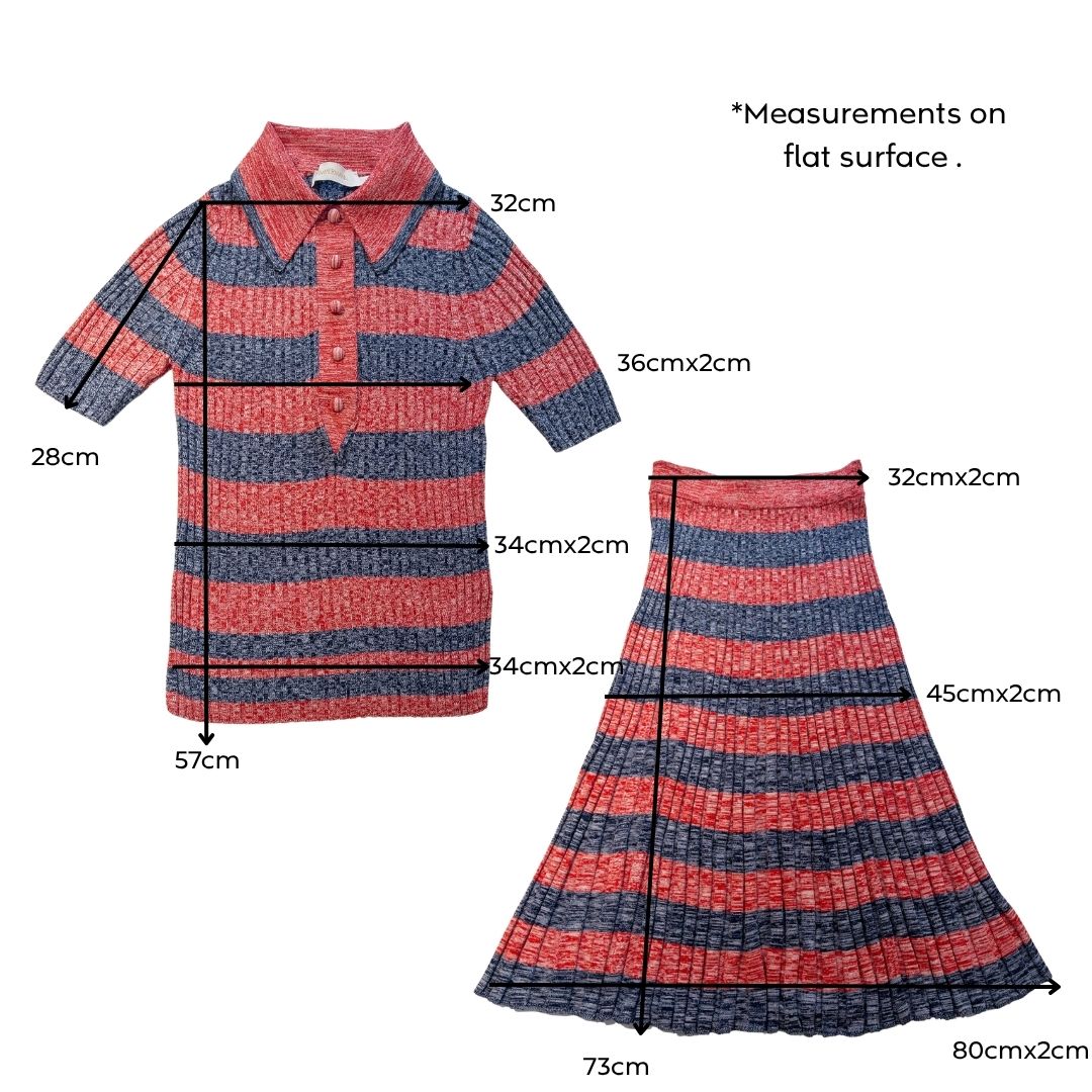 Zimmermann High Tide Rib Polo & Midi Skirt Set Marle Navy  Red Stripe  Top Size 0 & Skirt Size 1