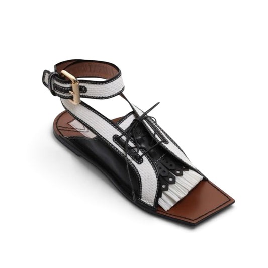 Zimmermann Leather & Faux Raffia Flat Sandals Black White Size EU39