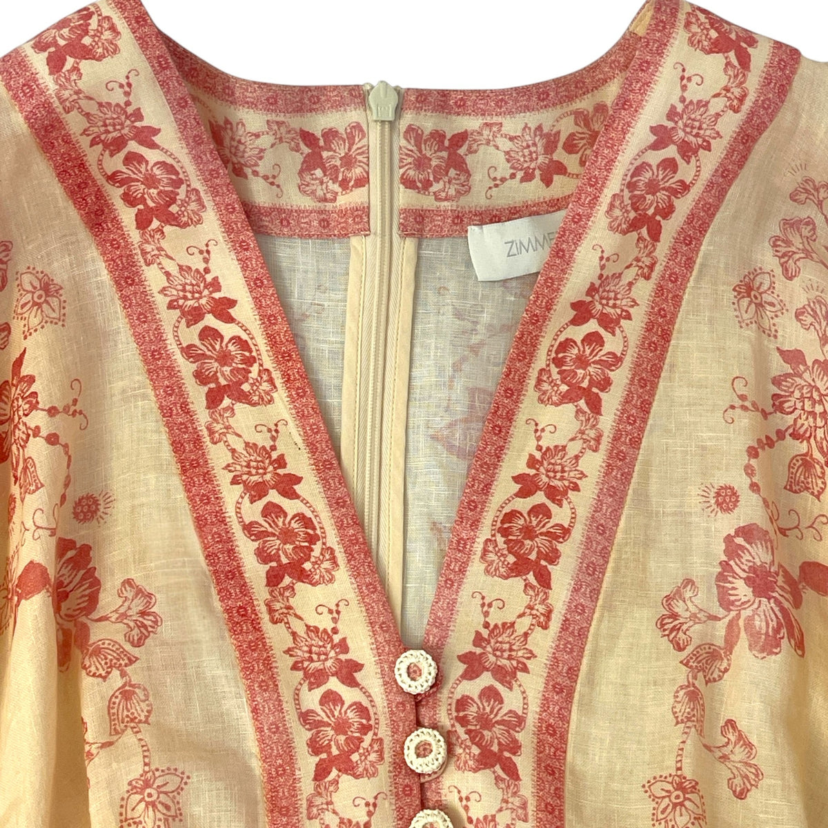 Zimmermann Lucky Plunge Mini Dress Cream Pink Floral Size 3 Pre-Loved