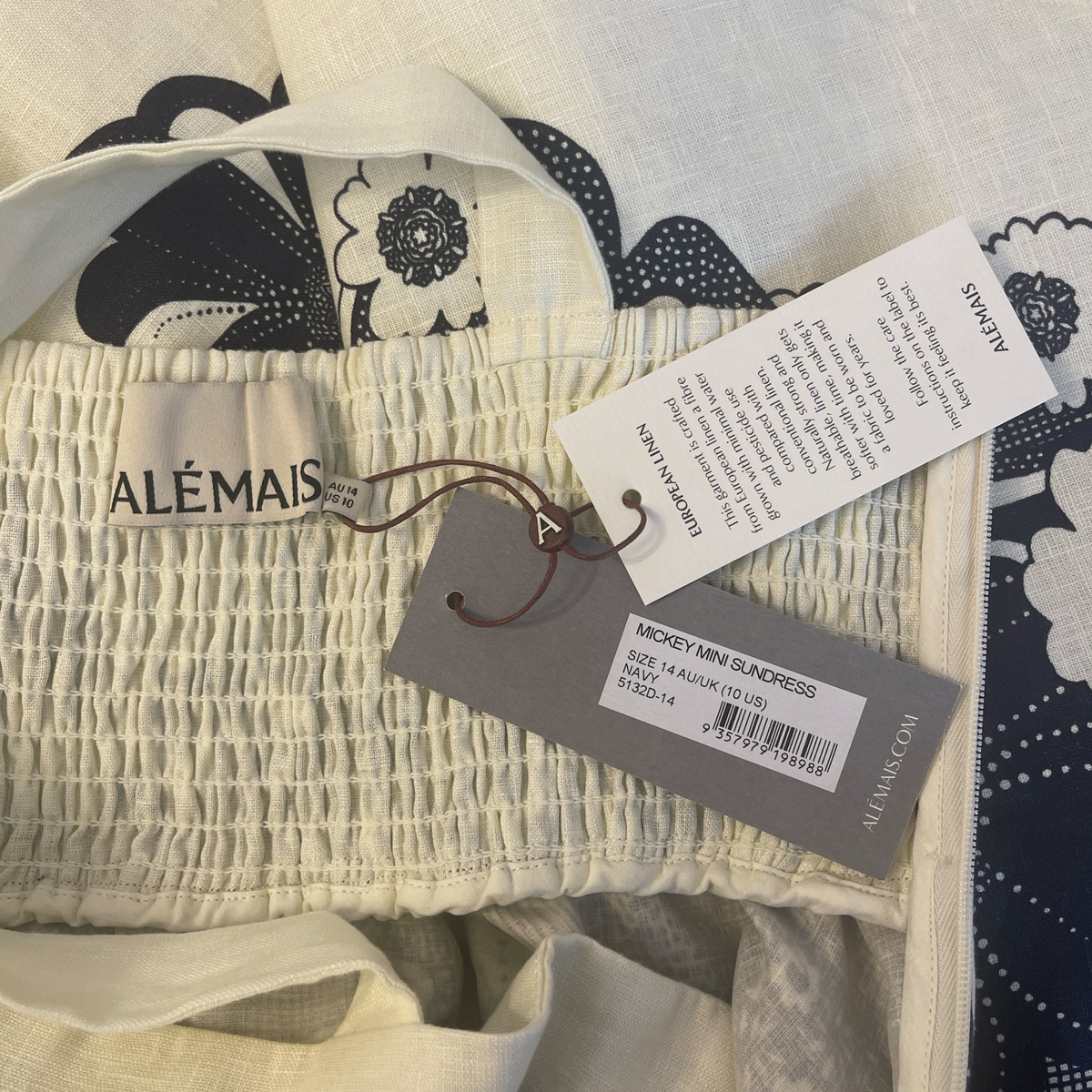 Alémais Mickey Linen Tie Strap Mini Sundress Ivory Navy Size AU14