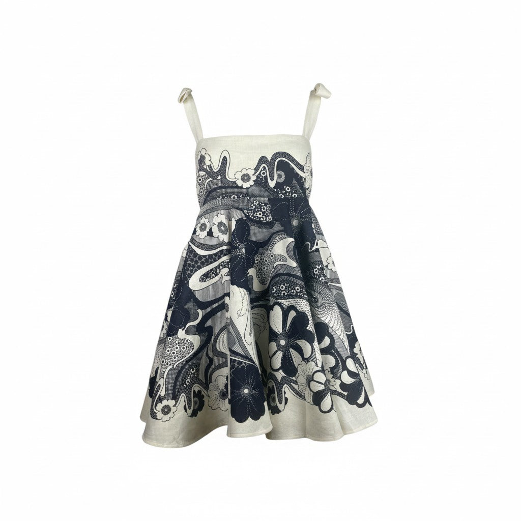 Alémais Mickey Linen Tie Strap Mini Sundress Ivory Navy Size AU14