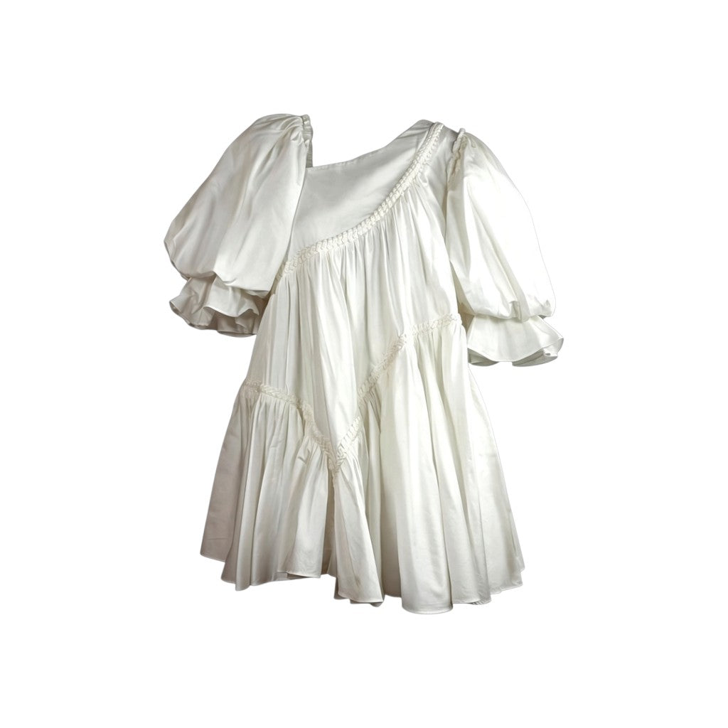 Aje Casabianca Braided Asymmetric Puff Sleeve Mini Dress Ivory Size AU6 Pre-Loved