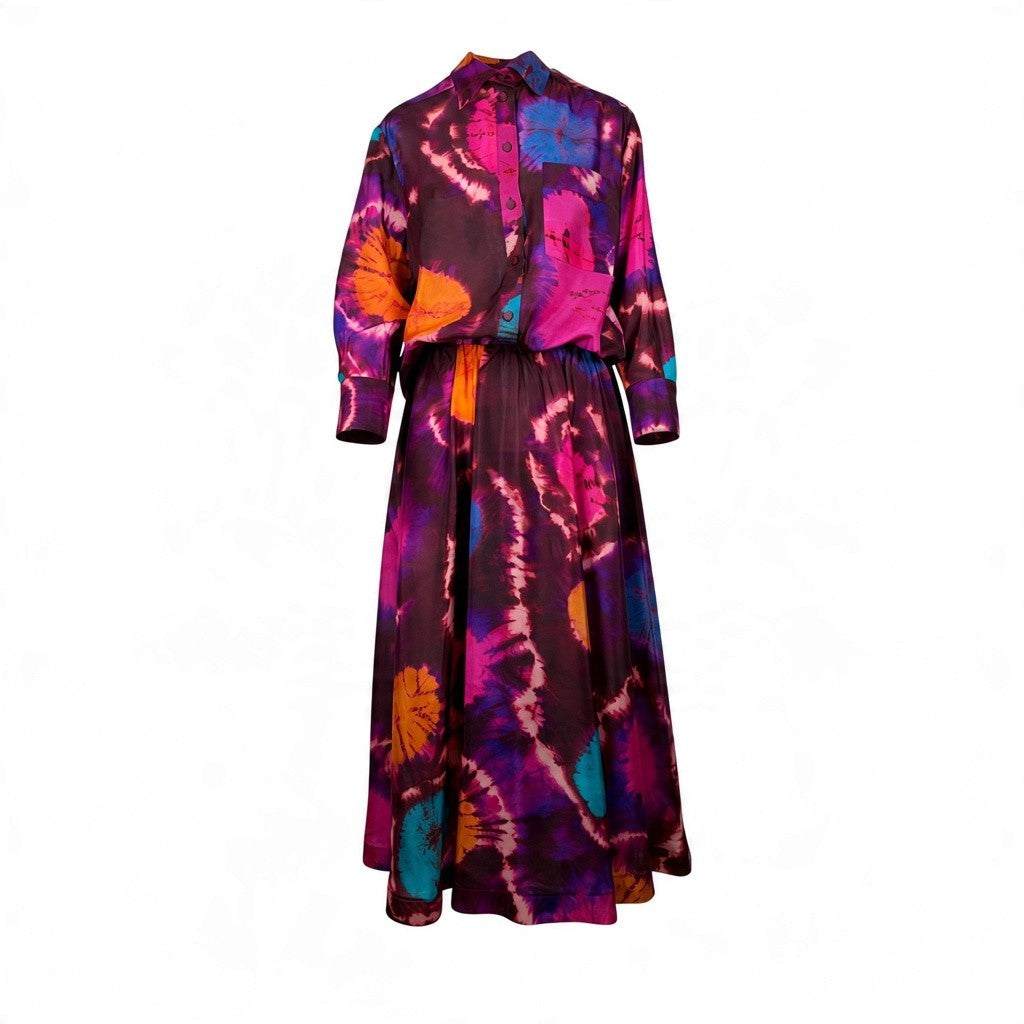 Zimmermann Acadian Relaxed Silk Shirt and Midi Skirt Set Tie Dye Multi Shirt Size0 /AU8 Skirt Size1 /AU10 Pre-Loved