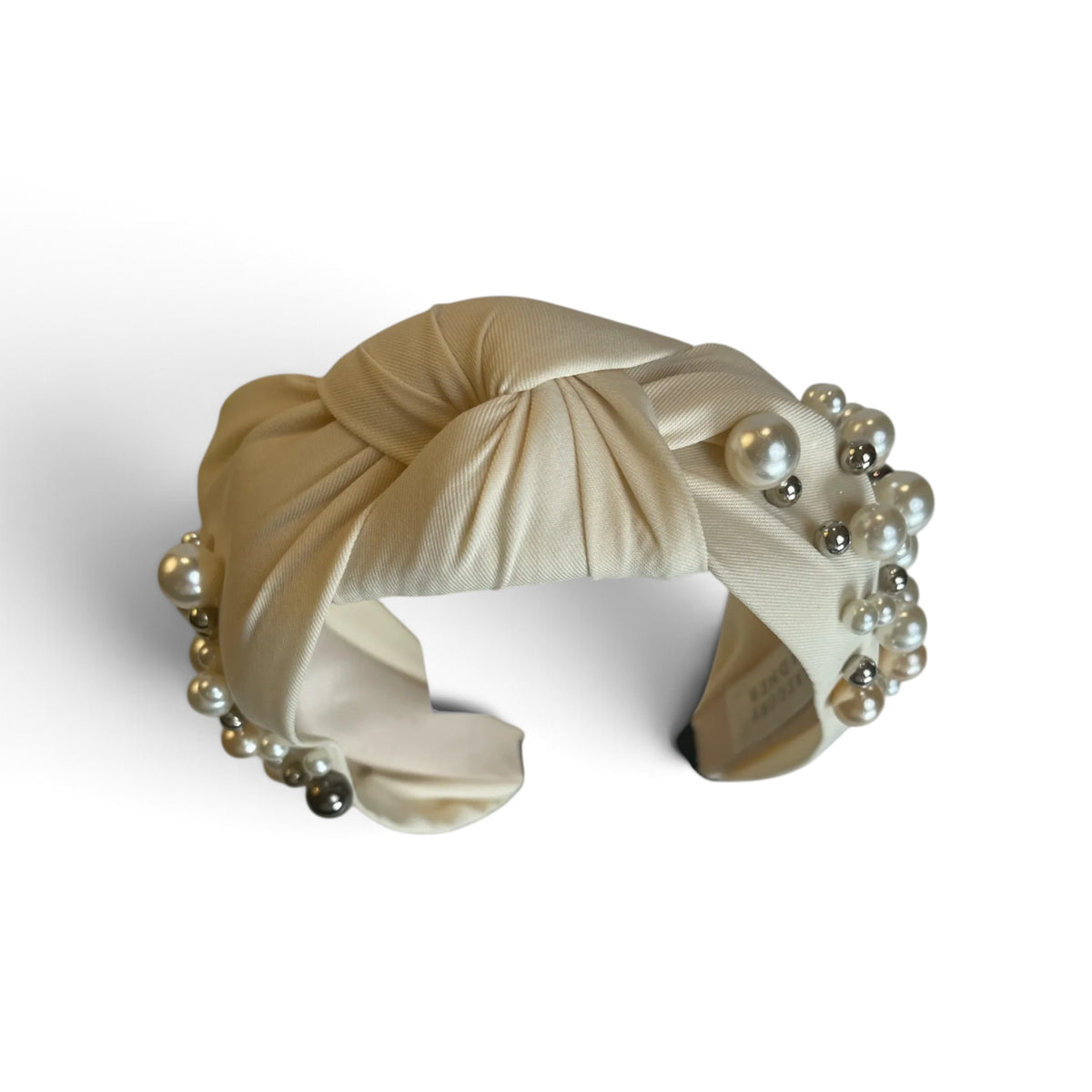 Gregory Ladner Pearl Embellished Satin Knot Headband Cream Pre-loved