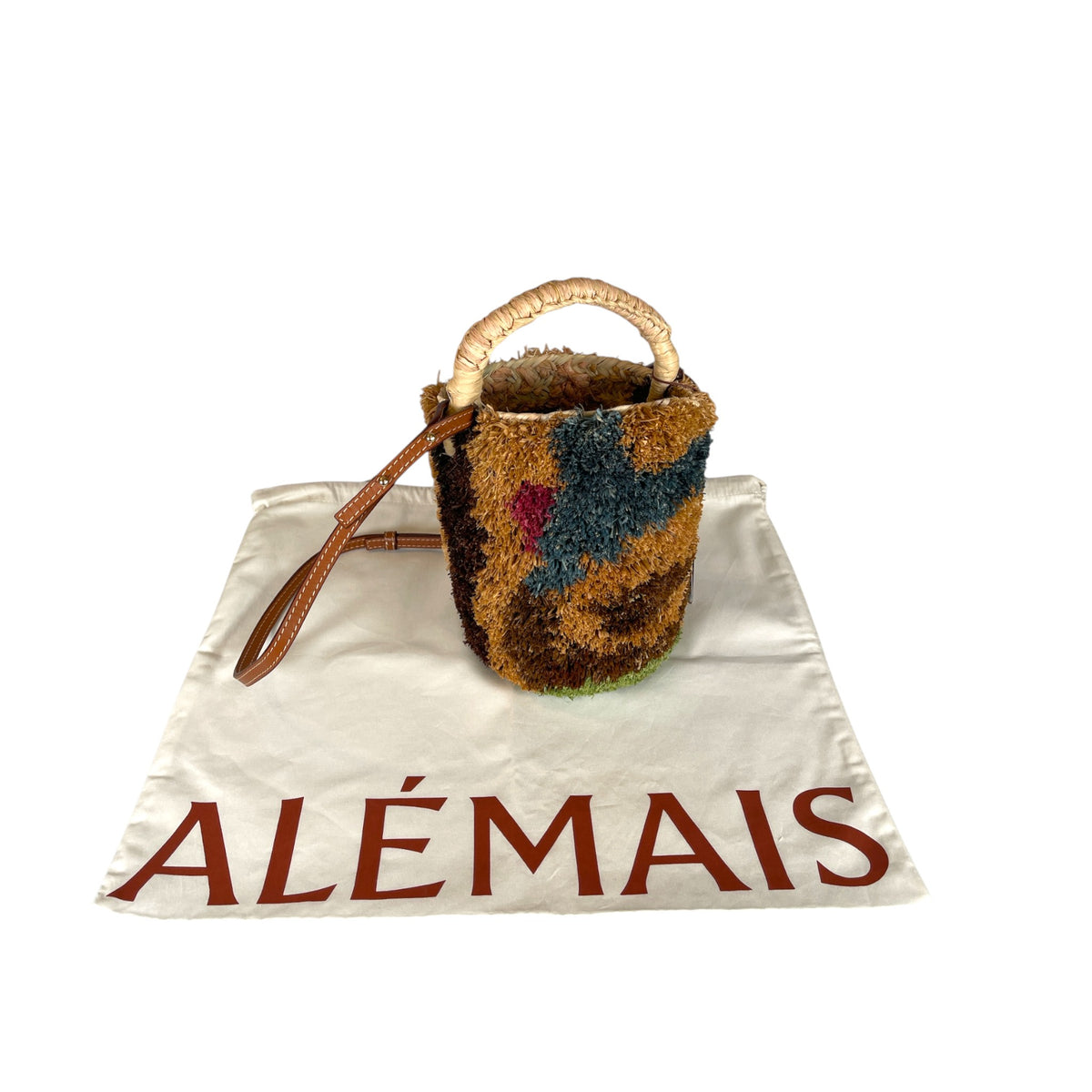 Alémais Michelle Tufted Raffia Mini Bucket Basket Bag Multi Color