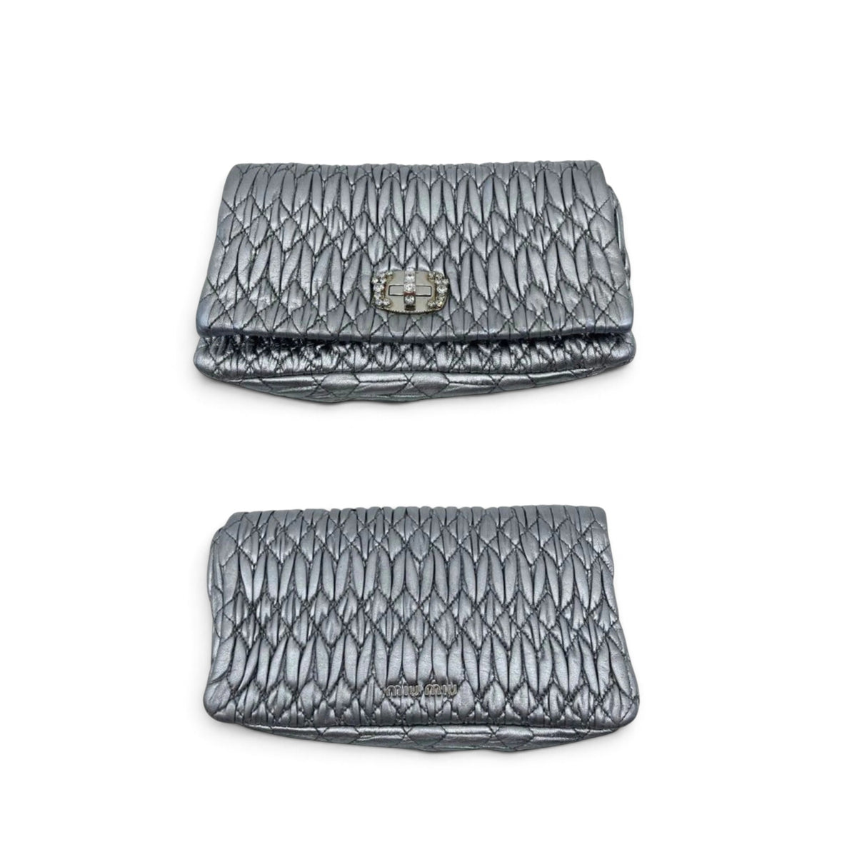 Miu Miu Cloqué Nappa Leather Silver Crystal Clutch Bag Pre-Loved