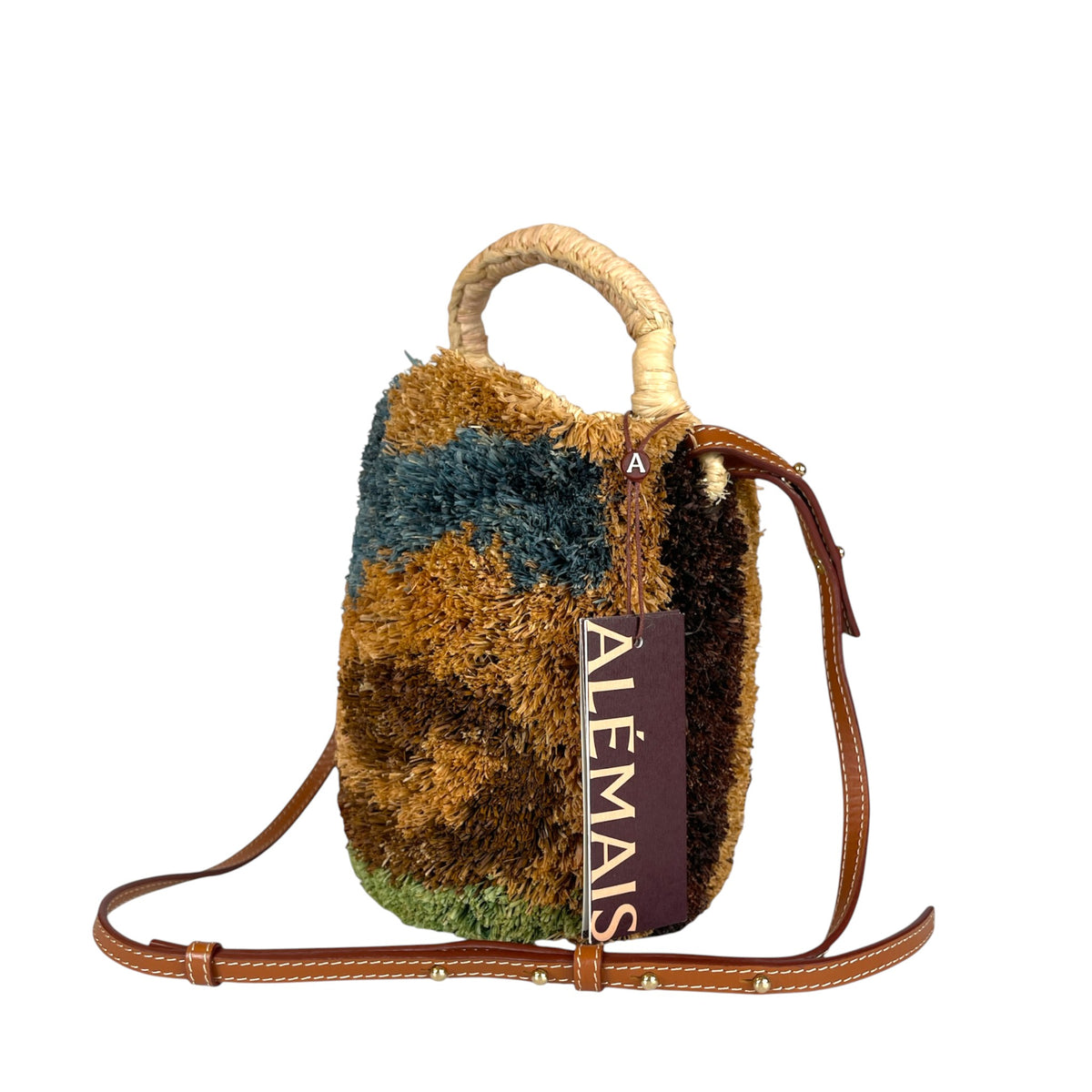 Alémais Michelle Tufted Raffia Mini Bucket Basket Bag Multi Color