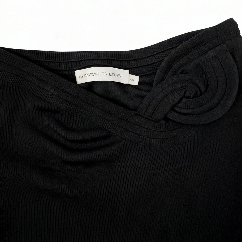 Christopher Esber Sculptural Rose Detail Ribbed Maxi Skirt Black Size AU8 Pre-Loved