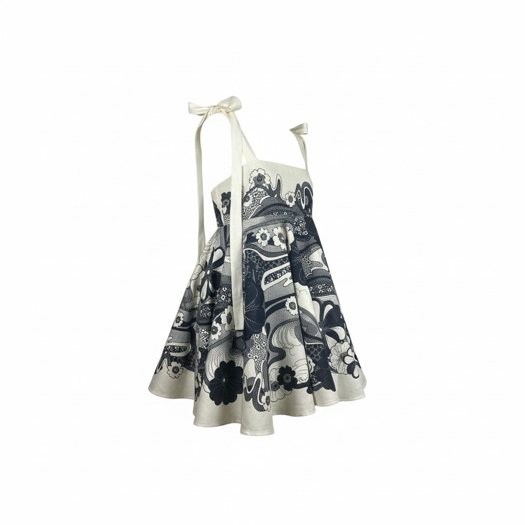 Alémais Mickey Linen Tie Strap Mini Sundress Ivory Navy Size AU14