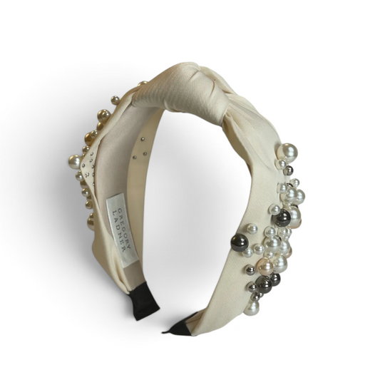 Gregory Ladner Pearl Embellished Satin Knot Headband Cream Pre-loved
