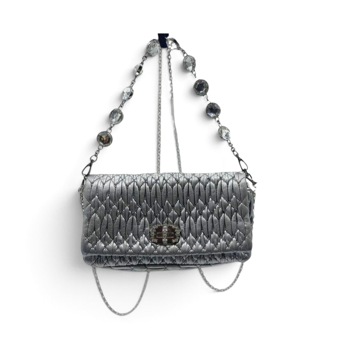 Miu Miu Cloqué Nappa Leather Silver Crystal Clutch Bag Pre-Loved