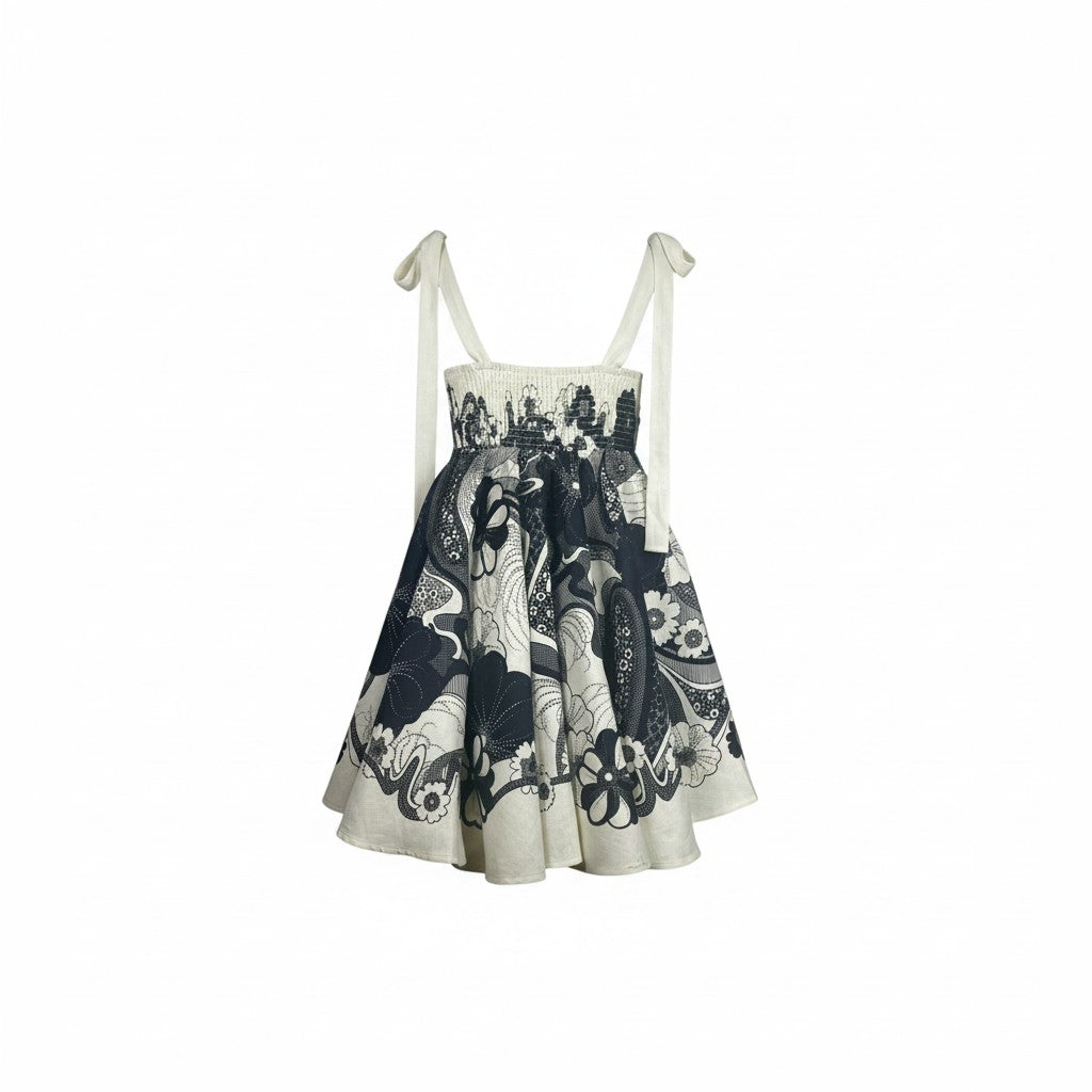 Alémais Mickey Linen Tie Strap Mini Sundress Ivory Navy Size AU14