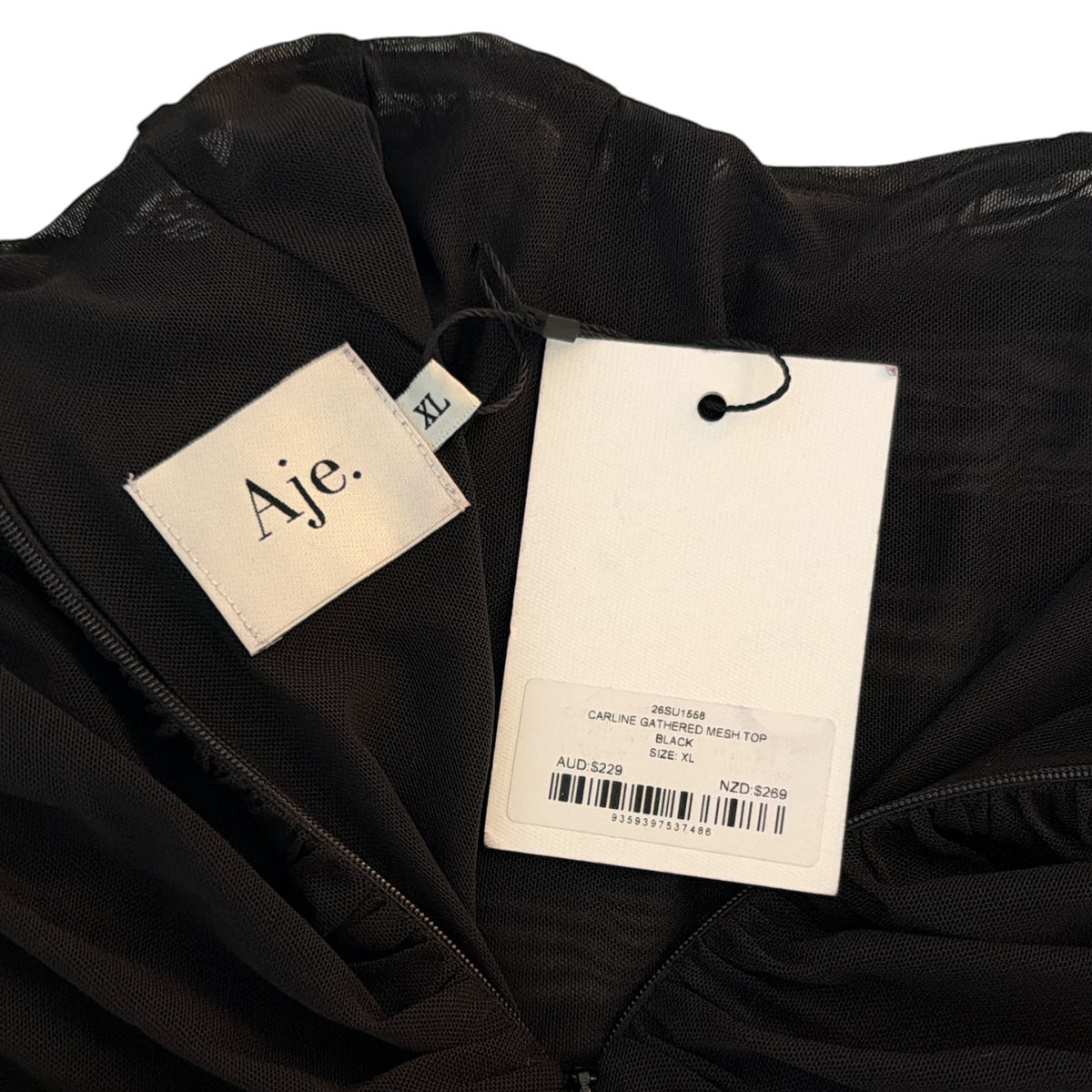 Aje Carline Gathered Mesh Top Black Size XL