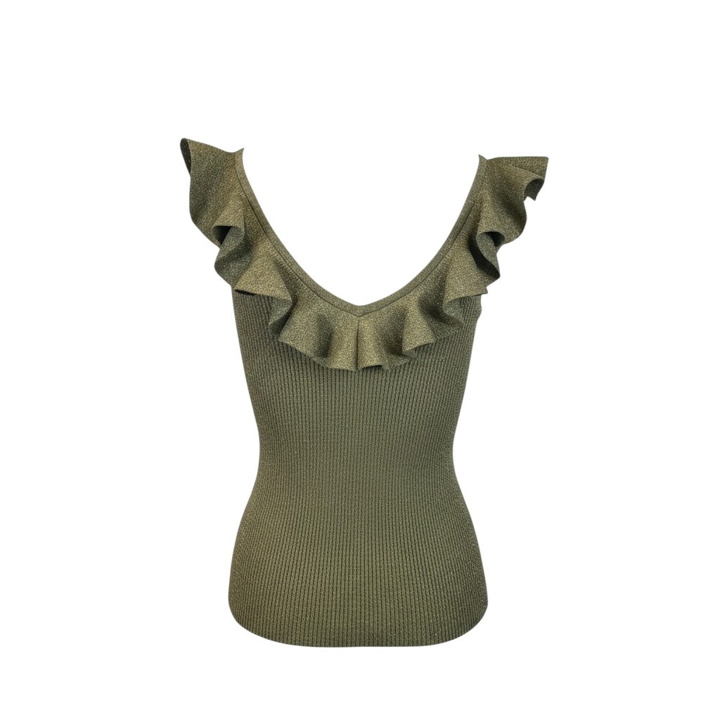 Zimmermann Wylie Frill V-Neck Top Dusty Olive Gold Size 2