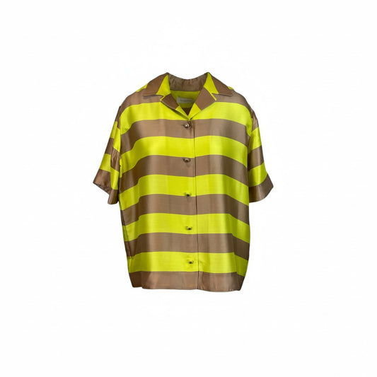 Zimmermann Wonderland Short Sleeve Silk Shirt Lime Stripe Size 0